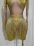 Women Sparkly Rhinestone Sequin Tassel Stretch Bodysuits 2025 New Arrival Birthday Party Nightclub Dj Stage Performance Costume