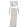 Waistless Elegant Dress Women Classic Full Sleeve Padded Bra Deep v-Neck Metal Buckle Hipster Simple Skinny Vestidos