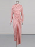 Elegant Slim Fit Folds Irregular Long Dress Fashion Women Long Sleeve Diagonal Collar Robes 2025 Chic Party Banquet Wear