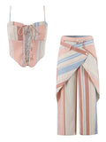 Sweet Summer Outdoor Travel Striped Corset Camisole Set for Women Thin Strap Lace Up Outfit for Seaside Vacation Casual Wear