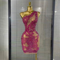 Shining Rosered Crystal Women Sexy One Shoulder Mesh See Through Bodycon Mini Dress Bar Singer Celebrate Performance Costumes