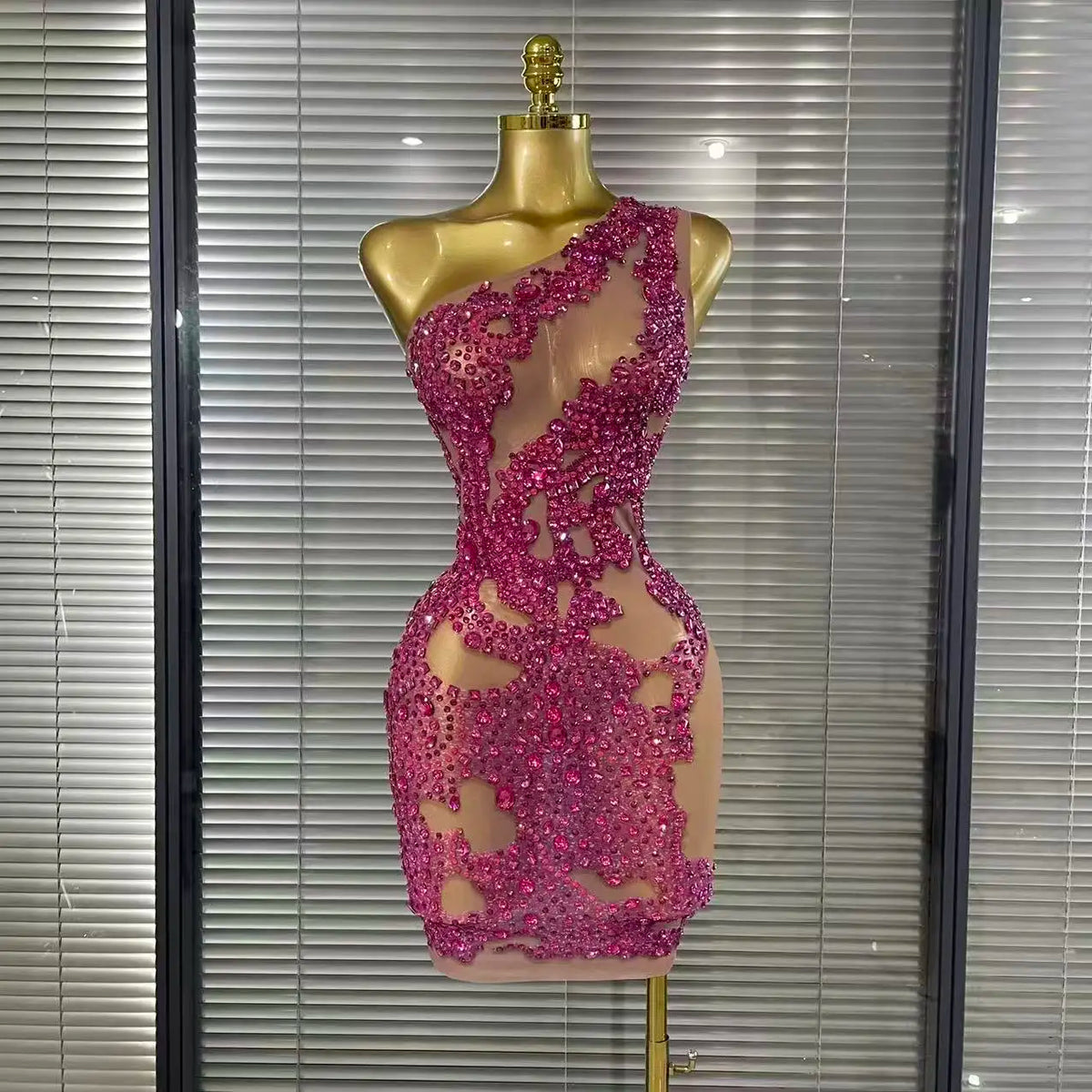 Shining Rosered Crystal Women Sexy One Shoulder Mesh See Through Bodycon Mini Dress Bar Singer Celebrate Performance Costumes