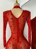 Sparkly Rhinestone Women Sexy Mesh See Through Floor Length Long Sleeve Birthday Dress Party Nightclub Stage Wear
