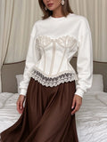 Romantic Lace Women T Shirts Round Neck Long Sleeve Elegant Fitted T Shirt for Meet Casual Street Wear Fashion New