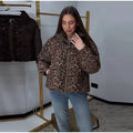 Women Leopard Print Puffer Jacket Stand Collar Zip‑Up Drawstring Hem Loose Short Warm Winter Padded Side Pockets Coat Outerwear