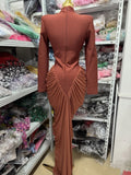 Fashionable And Sexy Round-Neck Long-Sleeved Pleated Long Dress, Waist-Cinching And Slimming, For Dinner Parties