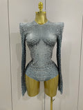 Sparkle Silver Rhinestones Long Sleeve Stretch Bodysuits 2025 New Women Evening Luxury Birthday Party Sexy Nightclub Stage Costu