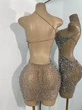 Sparkly Silver Rhinestones Mini Dress Luxury Women Sexy Mesh Hollow Out Celebrity Birthday Cocktail Dresses Performance Wear