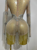 Full Sparkly Rhinestone Chain Sexy Mesh See Through Bodysuit Women Luxury Birthday Party Performance Dance Nightclub Stage Wear