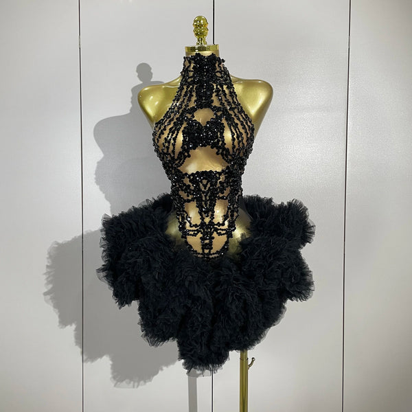 Luxury Black Diamonds Mesh Sexy See Through Cocktail Mini Dress Women Eveing Birthday Party Singer Nightclub Show Stage Costume