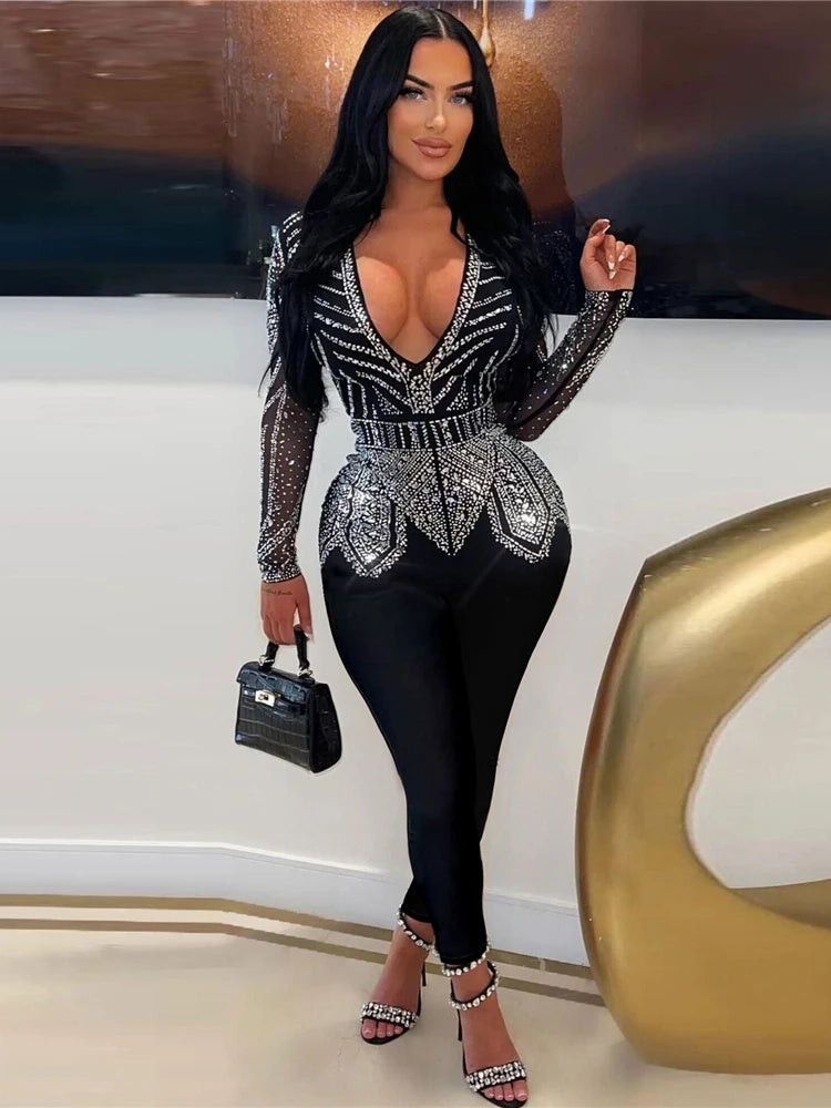 Sparkle Black Rhinestone Long Pants Jumpsuits Womens Autumn Long Sleeve Crystal Rompers Nightclub Outfits Clubwear