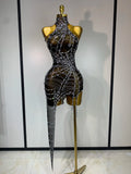 Women Luxury Black Mesh See Through Crystal Diamond Bodycon Dress Sexy Evening Party Club Nightclub Dress Singer Stage Costume