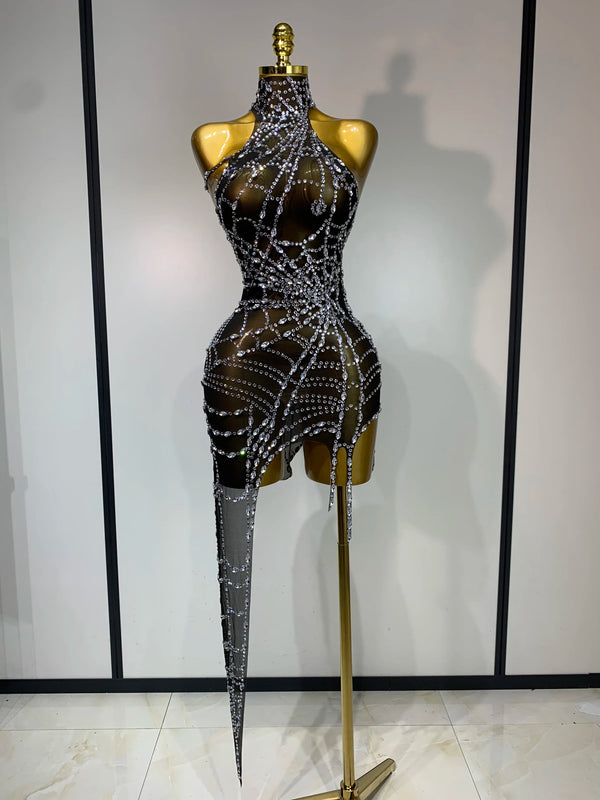Women Luxury Black Mesh See Through Crystal Diamond Bodycon Dress Sexy Evening Party Club Nightclub Dress Singer Stage Costume