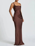Sexy Satin Evening Long Dresses for Women Square Collar Sleeveless High Waist Folds Slimming Bodycon Dress Female