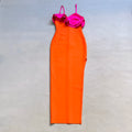 New Fashion Orange Color Women Sleeveless Sexy V-Neck Ruffles Bodycon Mid-calf Bandage Dress Birthday Celebrate Party Dress
