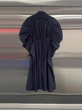 Retro Modern Tunic Design Coat for Women Lapel Puff Sleeve Splied Double Breasted Navyblue Midi Length Jackets Female Autumn