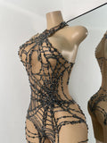 High Street Mesh Spider Web Tight Jumpsuit Performance Dance Costume Luxury Rhinestones Nightclub Bar Stage Leotard