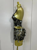 Sexy Evening Party Nightclub Performance Costume Women Birthday Mesh See-Through Pin Decoration Chain Short Dress Two-Piece Set