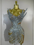 Sexy Strapless Mesh See Through Eveing Birthday Party Nightclub Stage Costume Women Sparkly Silver Rhinestone Sequins Mini Dress