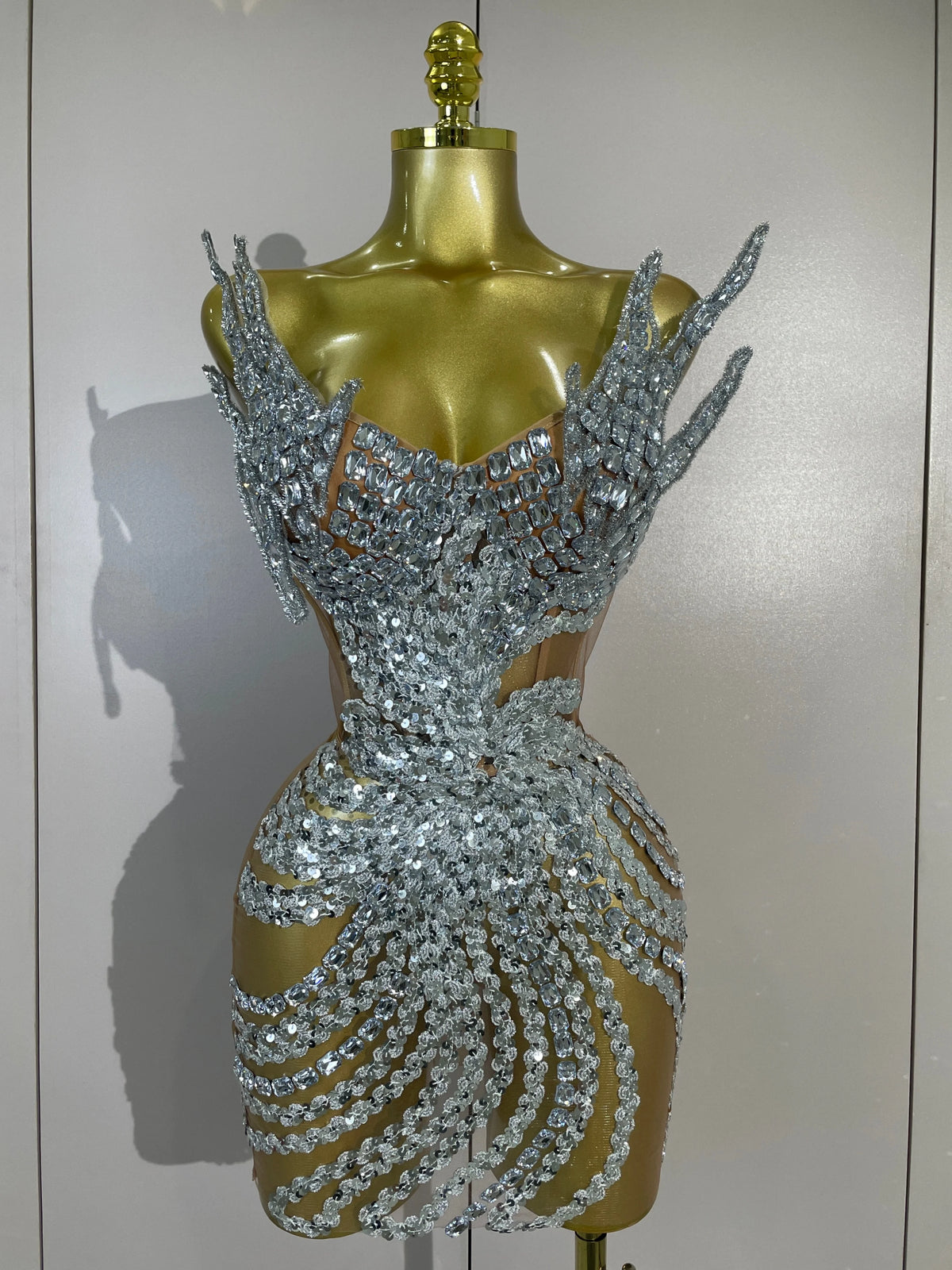 Sexy Strapless Mesh See Through Eveing Birthday Party Nightclub Stage Costume Women Sparkly Silver Rhinestone Sequins Mini Dress