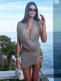 Sexy Fashion 2 Piece Set Woman Ruched Swing Collar Backless Crop Tops+Beads Decoration Mini Skirts Elegant Outfits