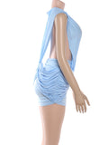 Sexy Cross Ruched Dress Women Deep V-Neck Sleeveless Backless Hollow Patchwork Peach Hip Stretch Slim Party Bodycon