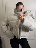 Women Hooded Stand Collar Cropped Puffer Jacket Zip Snap Button Loose Slim Short Quilted 2026 Casual Winter Warm Outerwear Coat