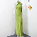 Solid Slimming Chic Dresses for Women Shawl Collar Sleeveless Off Shoulder High Waist  Long Dress Female