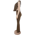 Women's Ruched Pant Set Brown Halter Crop Top And Flared Trouser Two-Piece Set Elegant V-neck Design Cut-Out Club Outfits