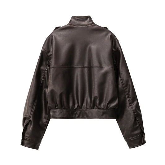 Original High-quality 2026 New Style Women's Leather-effect Blazer with A Stand-up Collar, for Ladies.