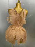 Sexy Shining Gold Crystal Transparent Wings Mini Dress 2025 Women Birthday Party Bar Nightclub Singer Stage Performance Costume