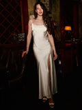 Elegant Satin Lace Long Dresses Women's Slip Backless Bandage High Slit Prom Maxi Dress Evening Party Night Out White Black