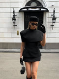 Women Chic Top 2 Piece Set Elegant Stand Collar Cape Sleeveless Slim Off Shoulder Slim Tops Suit Female Chic Casual Party Wear