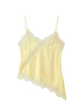 See Througth Lace Edge Tank Tops for Women V Neck Sleeveless Pathwork Hollow Out Sexy Fashionable Vest Female New