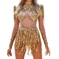Golden Tassel Sequins Dance Costume - Glam Perspective Stage Outfit for Birthday Banquet & Performance Body Transparente Flecos