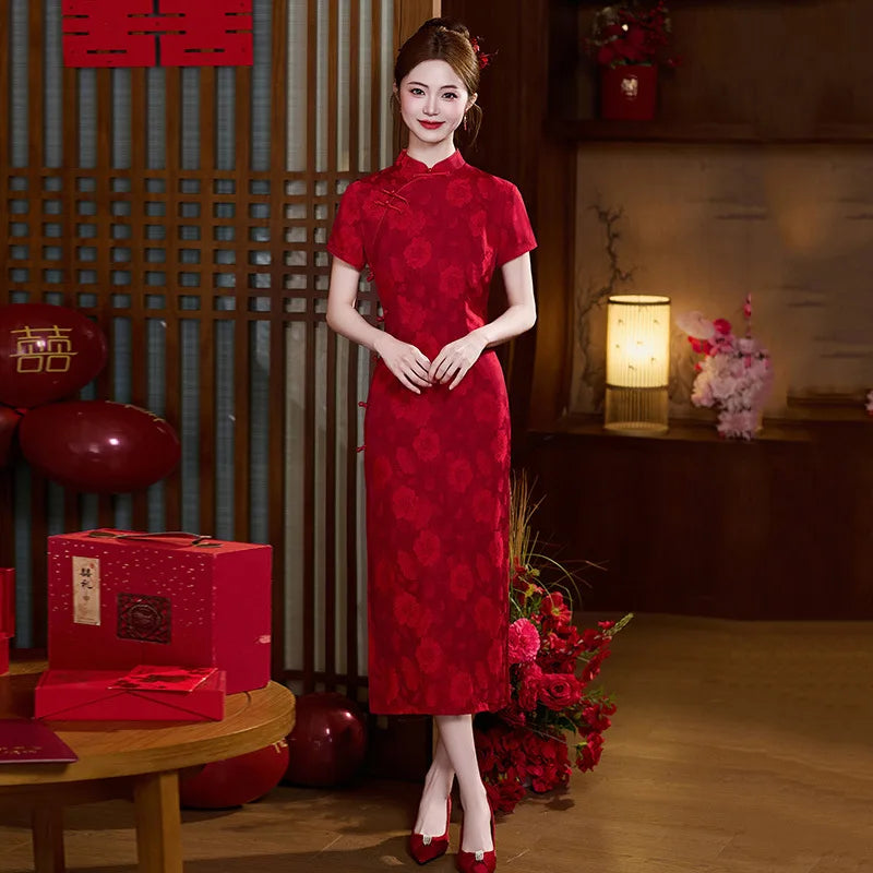 Red Long Cheongsam Improved Young Style New Female Chinese Retro Bridal Wedding Engagement Toast Dress Qipao