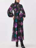 Elegant Floral Printing Long Dressess For Women Stand Collar Lantern High Waist Spliceed Rivet Hollow Out Dress Female New