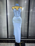 3 Colors Women Sexy Strapless Shining Crystal Bodycon Long Bandage Dress Evening Party Celebrate Elegant Cocktail Outfit