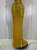Elegance Golden Strapless Mesh See Through Long Dress Sparkly  Diamonds Evening Party Birthday Sexy Nightclub Singer Stage Wear