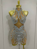 Sparkly Rhinestones Sexy Mesh See Through Mini Dress Party Evening Prom Celebrate Birthday Dress Singer Dancer Show Stage Wear