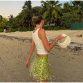 Women's Lime Green Sequined skirts Set 2 pieces sexy Spaghetti Strap Crop Top Mini Skirt with Tassel Lady Party Outfits