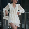 Solid Spliced Folds Slimming Mini Dresses for Women V Neck Long Sleeve Chic Elegant Coats Female Fashion Style