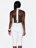 Knot Decoration Playsuit Women Halter Bandage Backless Tassel Folds Deep v-Neck Seeveless Elasticity Sexy Romper