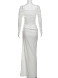 Patchwork Dress Women Mesh Elegant Sexy 2025 Spring Slash Neck Ruched Chic Birthday Party Festival Vacation Vestidos