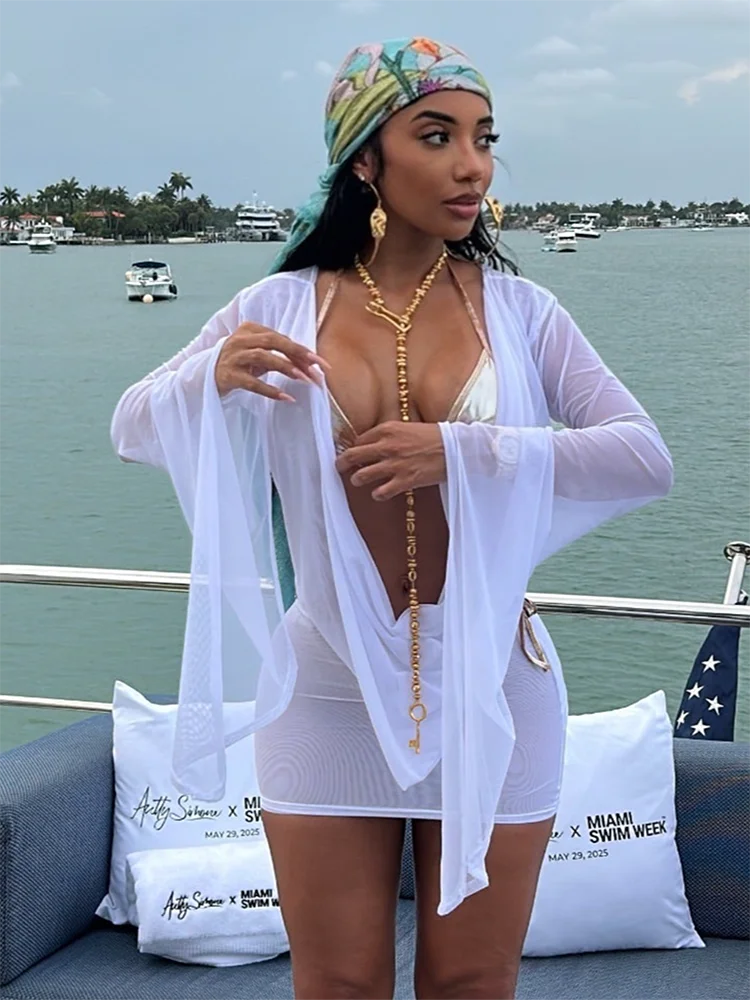 Halter Backless Dress Women Y2K See Through Irregular Coquette Full Sleeve Sexy Midnight Beach Vacation Club Bodycon