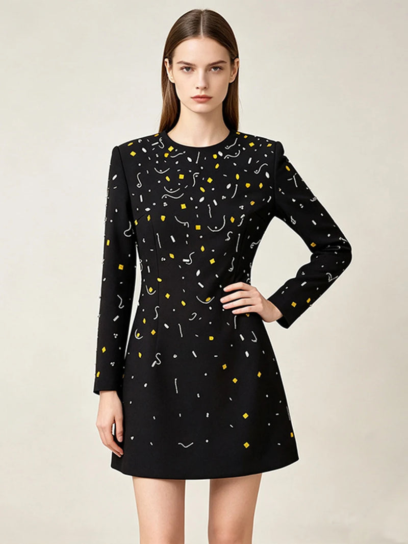 Female Luxury Diamond Crystal Suit Dress 2026 Autumn New Temperament Slim Fit Mini Dress For Women Lady Evening Robes