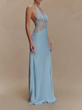 Luxurious Dinner Blue Halter Maxi Dress for Women Deep V Neck Spliced Sheer Lace Trim for Romantic Anniversaries