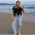 Sexy Cape Style Lace Perspective Top Women Half High Neck Short Sleeve Solid Irregular Pullover Lady Chic Casual Beach Top Cloth