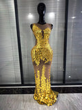 Sparkly Golden Sequiend Women Sleeveless Sexy O-Neck Mesh Bodycon Gowns Dress Elegant Evening Party Celebrity Red Carpet Dress
