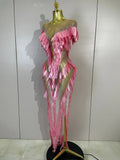 Women Elegant Pink Pearl Transparent Mesh Long Dress Evening Party Birthday Wedding Gown Red Carpet Celebrity Sexy Stage Outfit